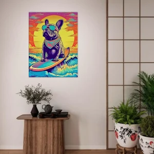bouledogue français surfant au coucher de soleil