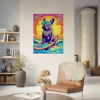 bouledogue français surfant au coucher de soleil
