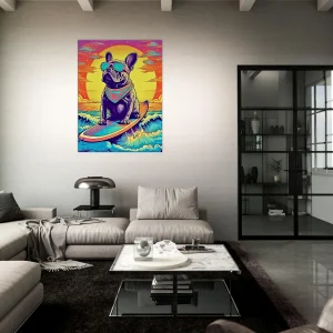 bouledogue français surfant au coucher de soleil