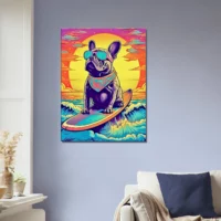 bouledogue français surfant au coucher de soleil