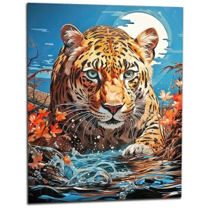 illustration léopard chassant dans l'eau
