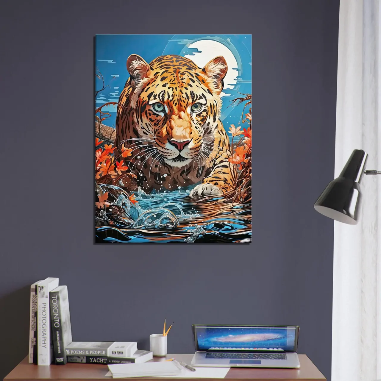 illustration léopard chassant dans l'eau