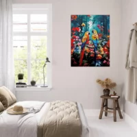 Cadre Illustration Perroquets et fleurs colorées illustration perroquets et fleurs colorées