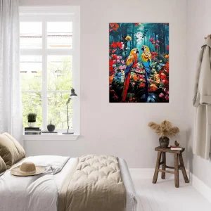 illustration perroquets et fleurs colorées