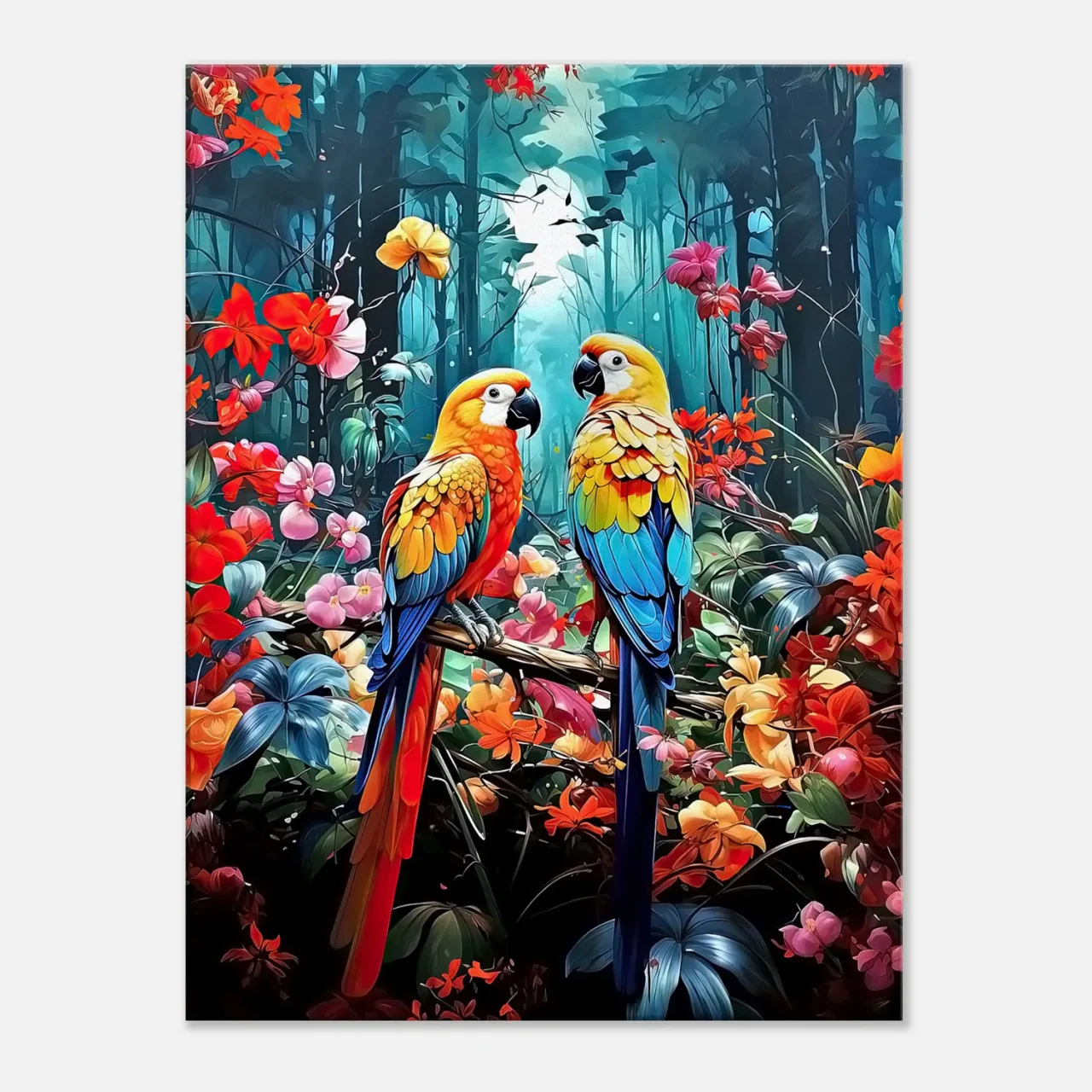 illustration perroquets et fleurs colorées