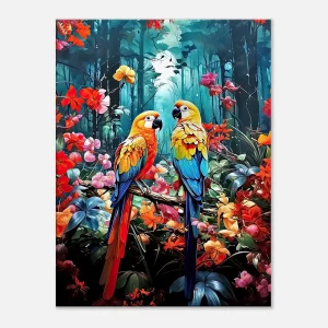 illustration perroquets et fleurs colorées