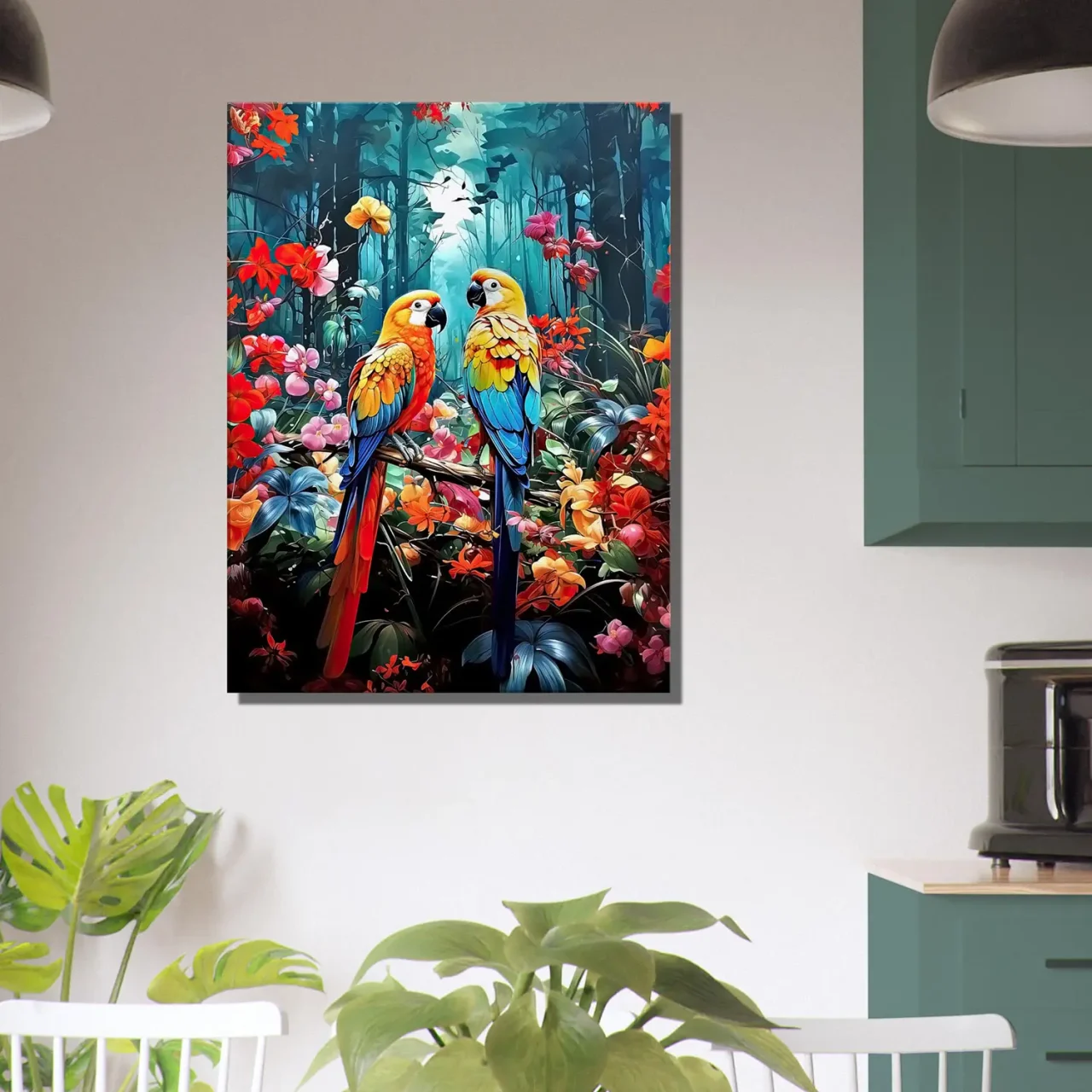 illustration perroquets et fleurs colorées