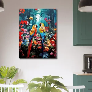 illustration perroquets et fleurs colorées