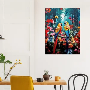 illustration perroquets et fleurs colorées