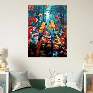 illustration perroquets et fleurs colorées