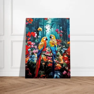 illustration perroquets et fleurs colorées