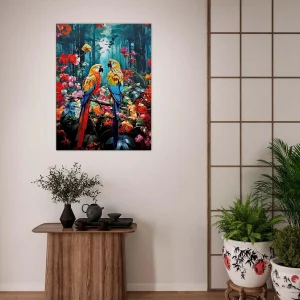 illustration perroquets et fleurs colorées