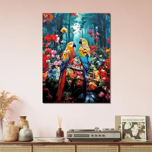 illustration perroquets et fleurs colorées