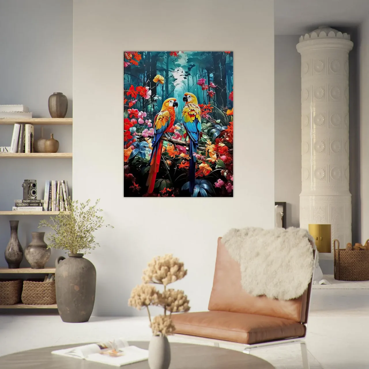 illustration perroquets et fleurs colorées