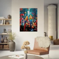 Cadre Illustration Perroquets et fleurs colorées illustration perroquets et fleurs colorées