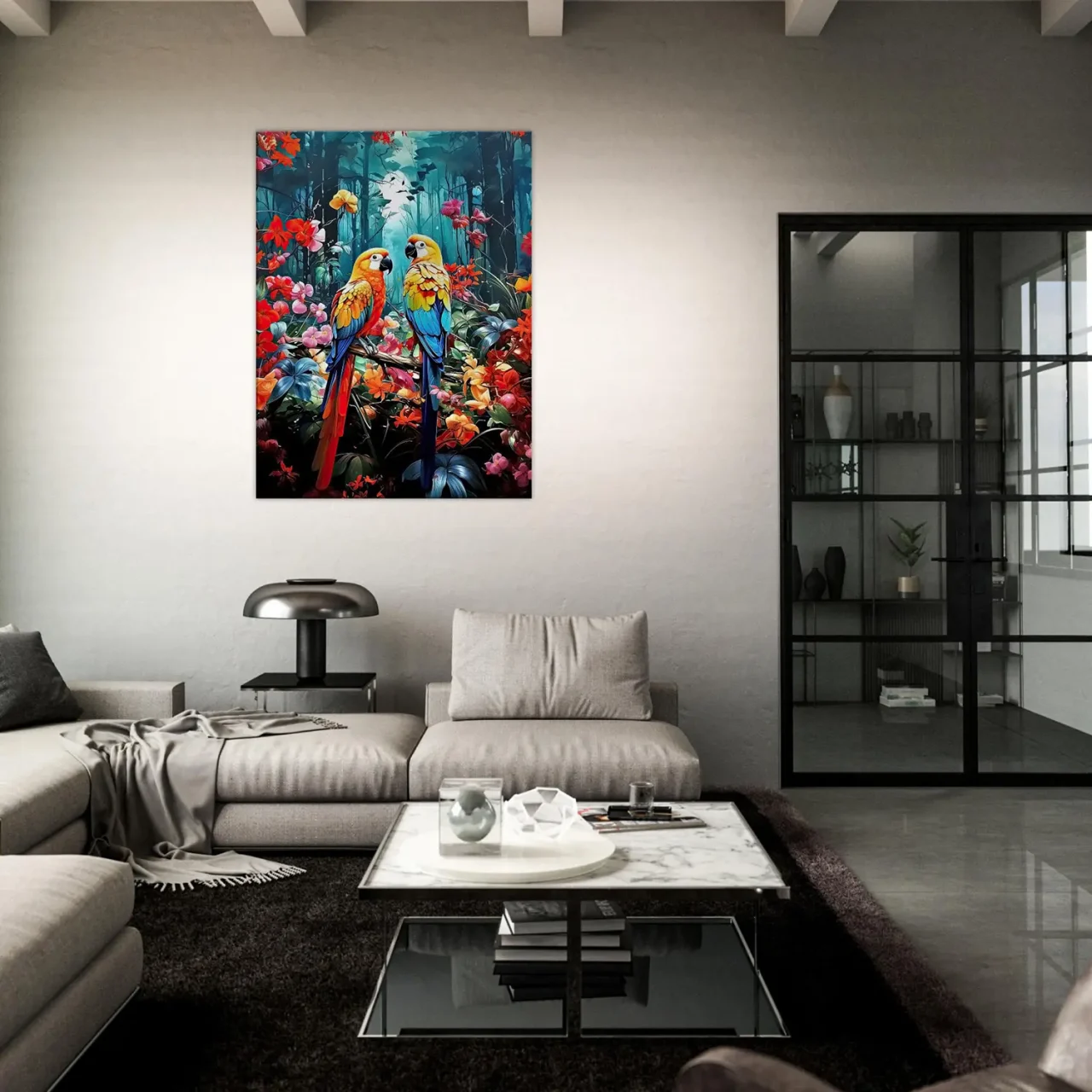 illustration perroquets et fleurs colorées