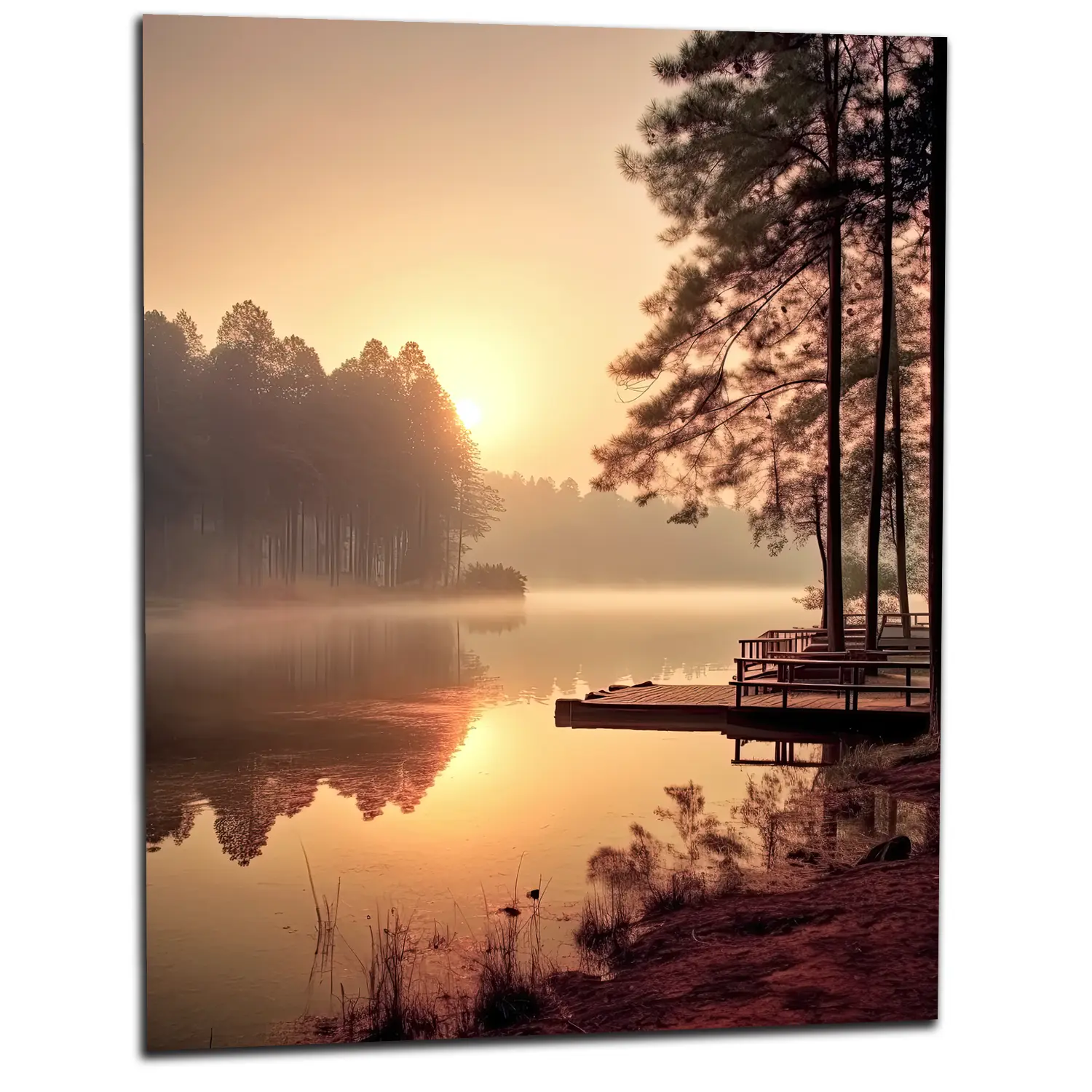 lac brumeux dans la forêt aux aurores