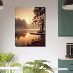 Cadre mural Lac brumeux dans la forêt aux aurores lac brumeux dans la forêt aux aurores