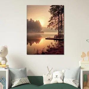 Cadre mural Lac brumeux dans la forêt aux aurores lac brumeux dans la forêt aux aurores