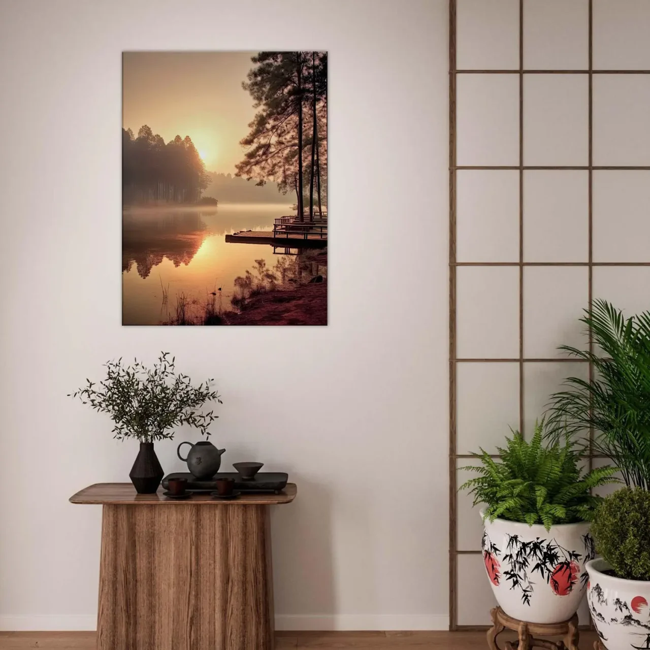 Cadre mural Lac brumeux dans la forêt aux aurores lac brumeux dans la forêt aux aurores