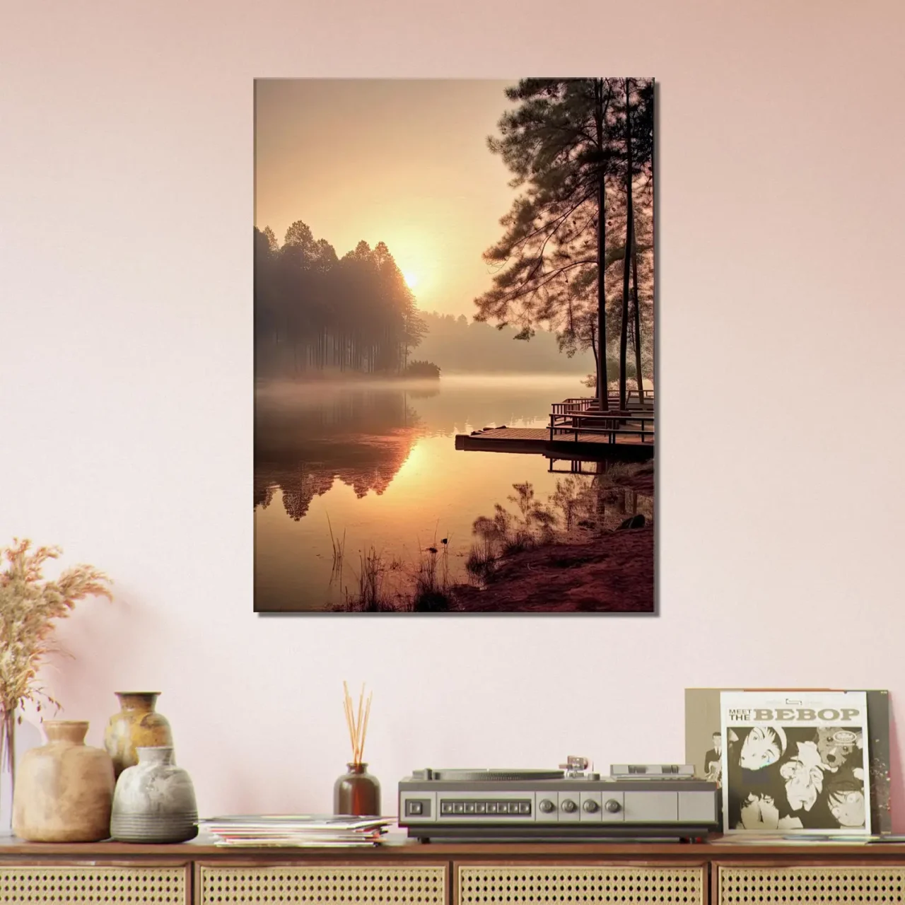 Cadre mural Lac brumeux dans la forêt aux aurores lac brumeux dans la forêt aux aurores