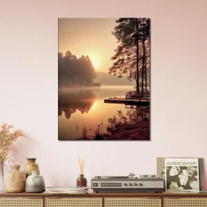 Cadre mural Lac brumeux dans la forêt aux aurores lac brumeux dans la forêt aux aurores