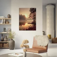 Cadre mural Lac brumeux dans la forêt aux aurores lac brumeux dans la forêt aux aurores