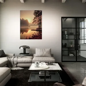 Cadre mural Lac brumeux dans la forêt aux aurores lac brumeux dans la forêt aux aurores