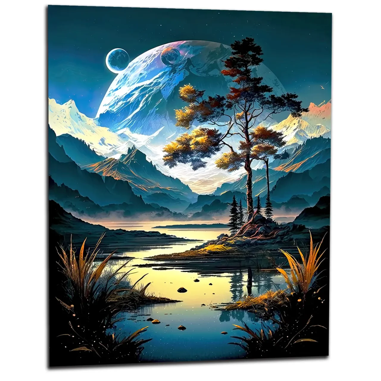 Paysage surréel lac montagnes et lunes paysage surréel lac montagnes et lunes