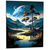 Paysage surréel lac montagnes et lunes paysage surréel lac montagnes et lunes