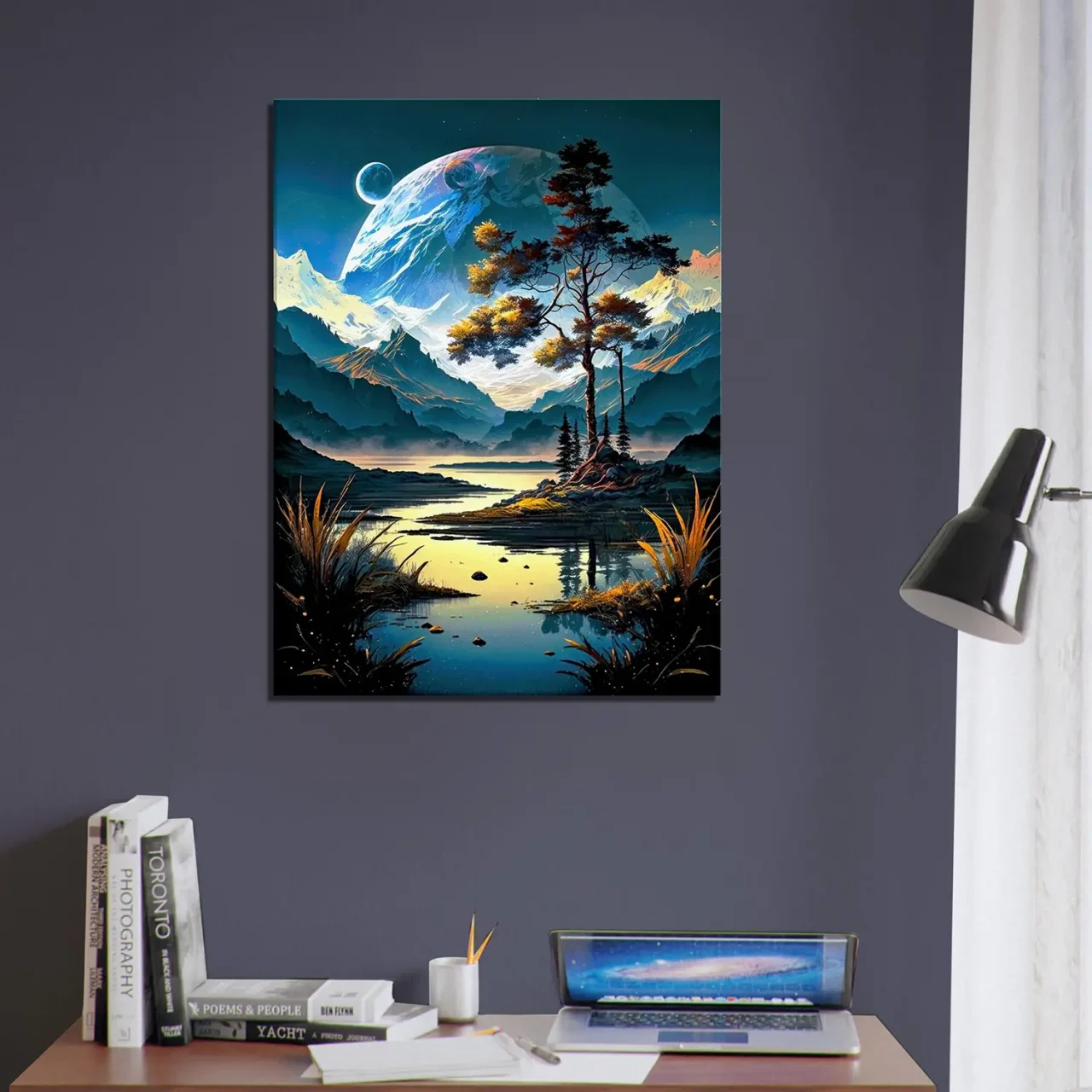 Paysage surréel lac montagnes et lunes paysage surréel lac montagnes et lunes