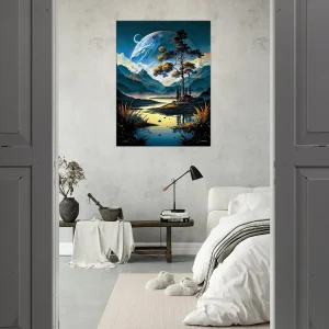 Paysage surréel lac montagnes et lunes paysage surréel lac montagnes et lunes