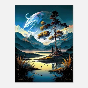 Paysage surréel lac montagnes et lunes paysage surréel lac montagnes et lunes