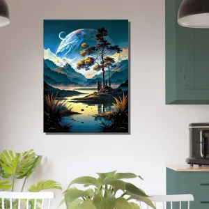 Paysage surréel lac montagnes et lunes paysage surréel lac montagnes et lunes