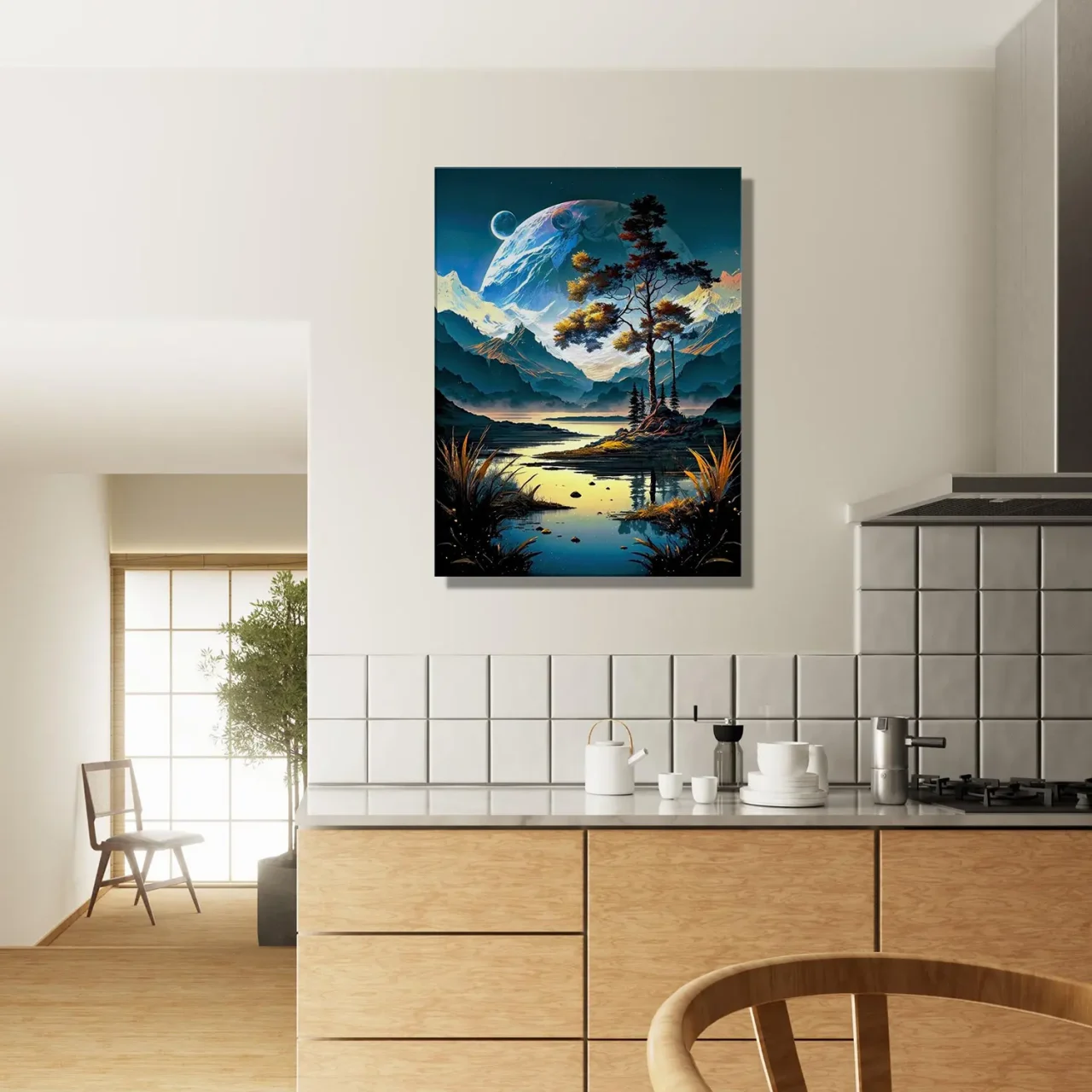 Paysage surréel lac montagnes et lunes paysage surréel lac montagnes et lunes