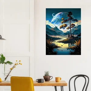 Paysage surréel lac montagnes et lunes paysage surréel lac montagnes et lunes