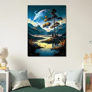 Paysage surréel lac montagnes et lunes paysage surréel lac montagnes et lunes