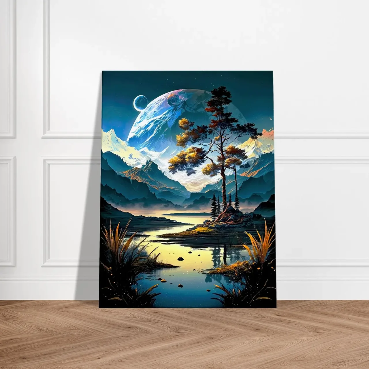 Paysage surréel lac montagnes et lunes paysage surréel lac montagnes et lunes