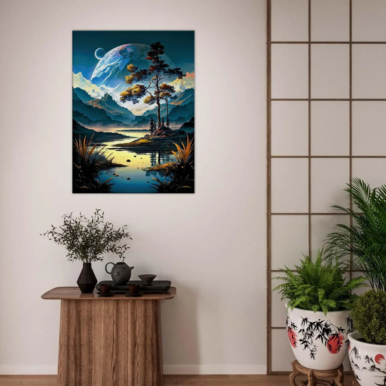 Paysage surréel lac montagnes et lunes paysage surréel lac montagnes et lunes