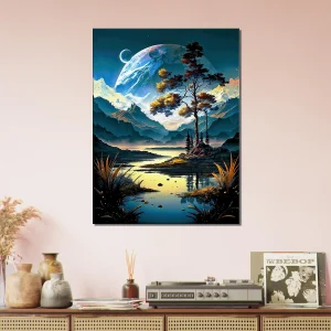 Paysage surréel lac montagnes et lunes paysage surréel lac montagnes et lunes