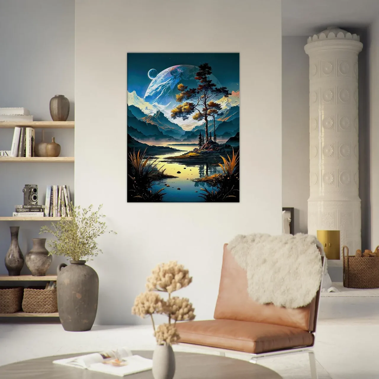 Paysage surréel lac montagnes et lunes paysage surréel lac montagnes et lunes