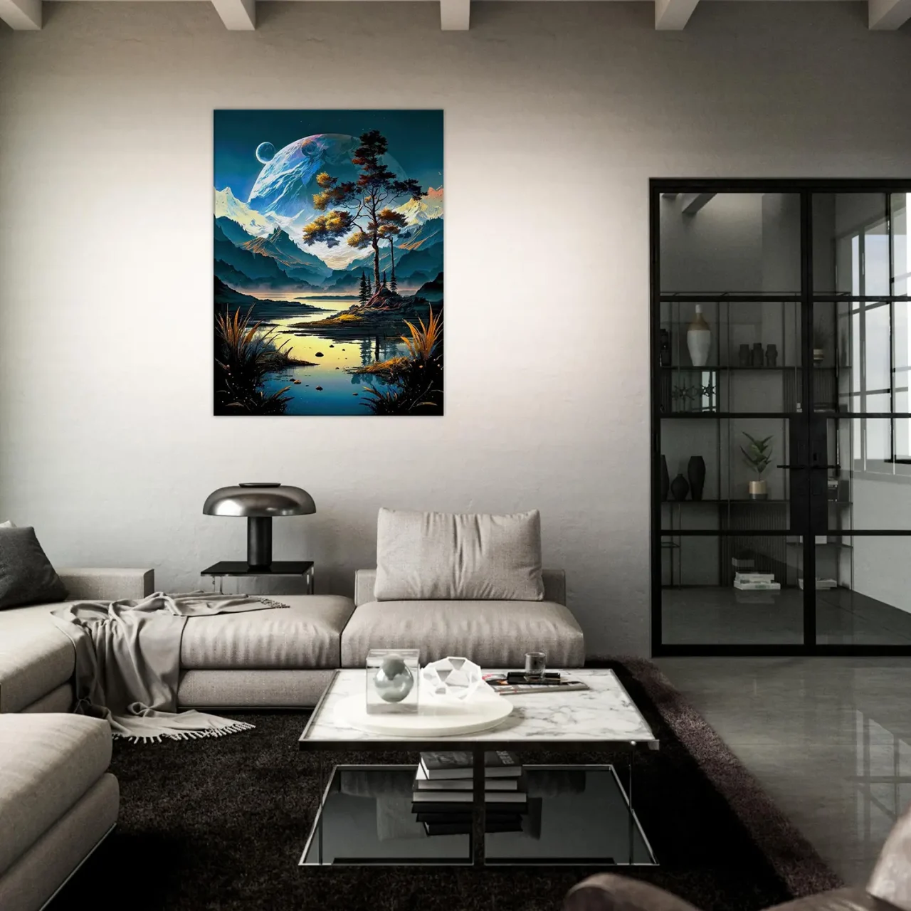 Paysage surréel lac montagnes et lunes paysage surréel lac montagnes et lunes