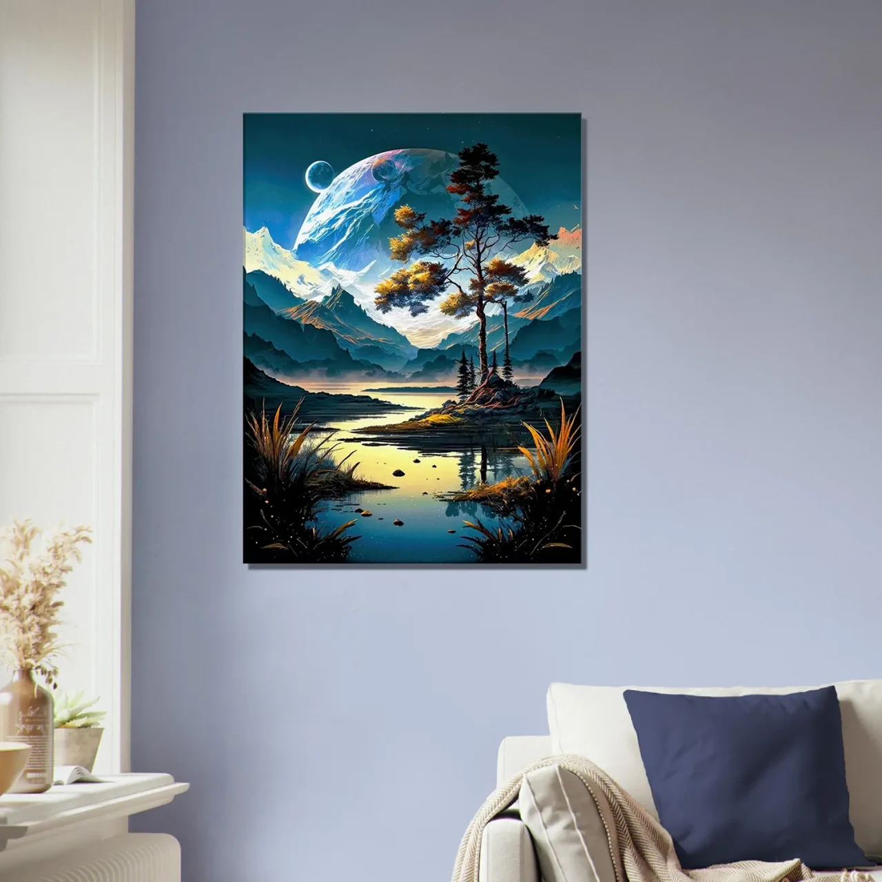 Paysage surréel lac montagnes et lunes paysage surréel lac montagnes et lunes