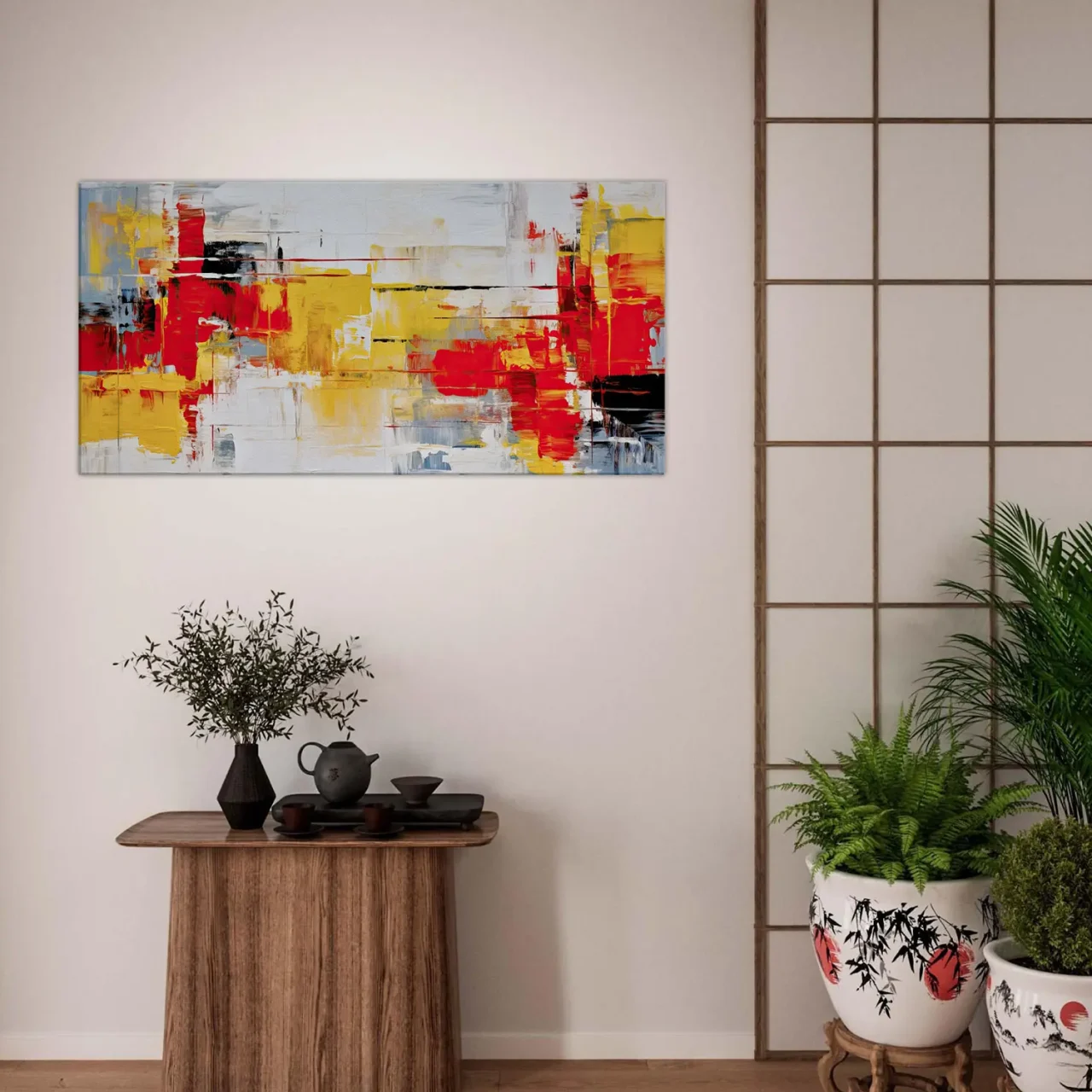 peinture abstraite rouge jaune et noir