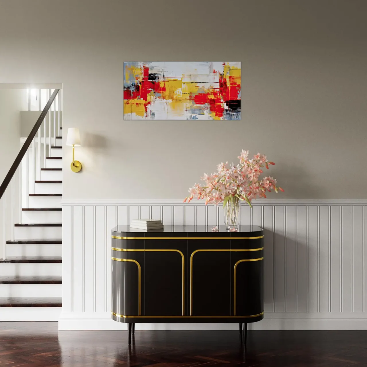 peinture abstraite rouge jaune et noir