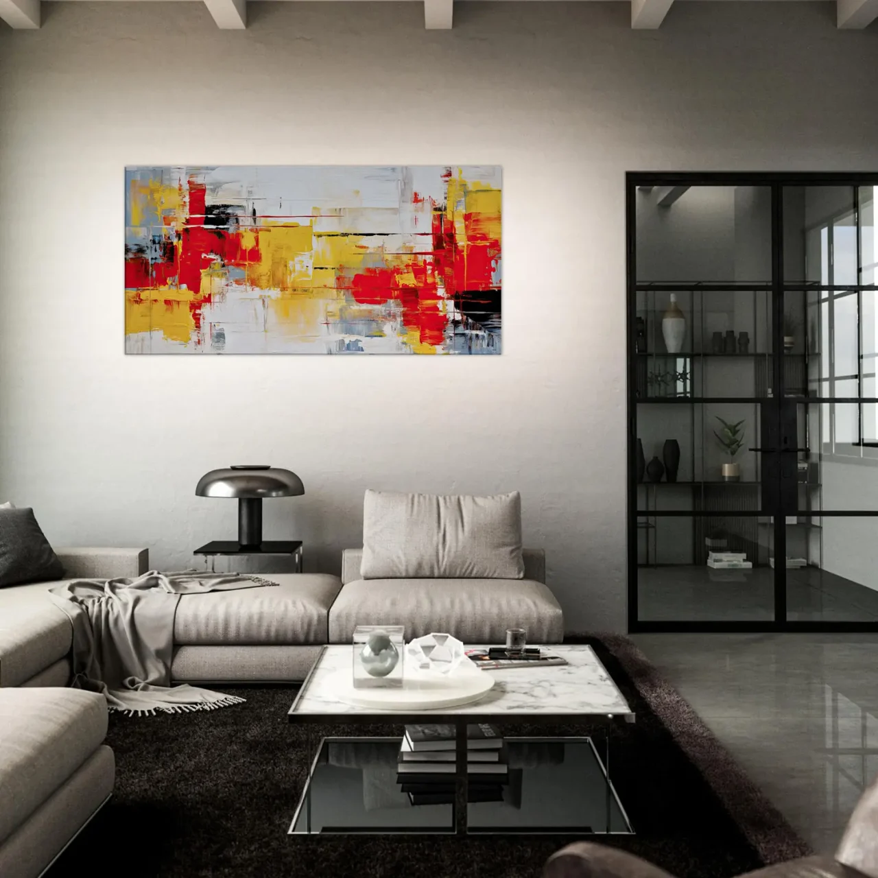 peinture abstraite rouge jaune et noir