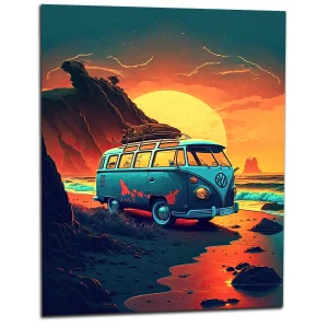 Van au coucher de soleil sur la plage