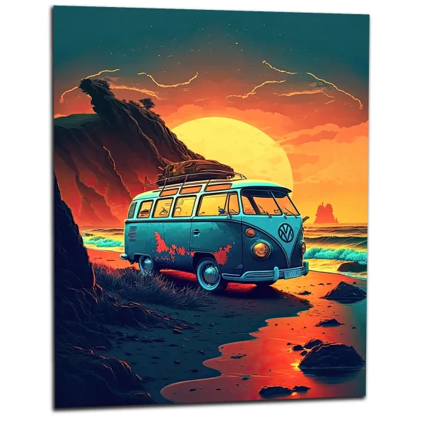 van au coucher de soleil sur la plage