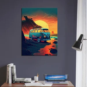van au coucher de soleil sur la plage