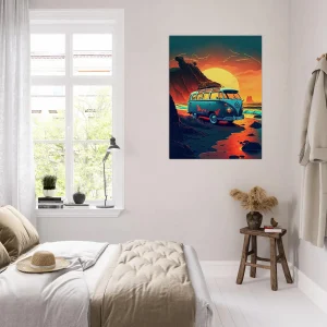 van au coucher de soleil sur la plage